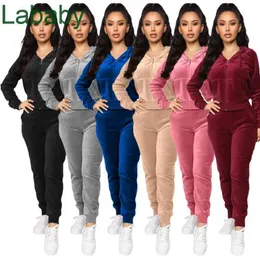 Mulheres Velvet Tracksuits Dois Peças Definir Designer Zipper Jacket Leggings Elastic Waist Sweater Capuz Calças Suits Senhoras Sportwear 6 Cores