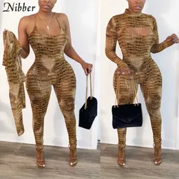 Nibber sexy Snake Print sling jumpsuits T-Shirt 2two piece sets women club party wear autumn new street jumpsuit top suit female Y0625