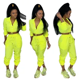 Omsj Neon Żółty Różowy Dwuczęściowy Zestaw Crop Top i Spodnie Dres Seksowny Casual Summer Clothes Spring Scal Suits 210517