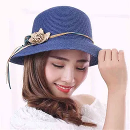 2019 Summer New Solid Floppy Straw Hats For Women Flower Accessories Ladies Summer Beach Sun Caps Panama Style Hat G220301