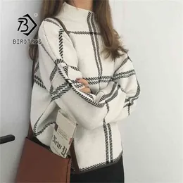 Ins Winter Frauen Pullover Pullover Mode Plaid Rollkragen Lose Stricken Volle Hülse Koreanische Casual Tops T98301D 210812