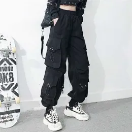 QWEEK Gothic Black Cargo Pants Women Baggy Harajuku Streetwear Oversize Punk Jogging Trousers for Female Hip Hop Mall Goth Emo 211115