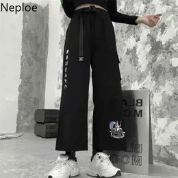 Neploe japońskie spodnie szerokie nogi ładunek Harajuku Cartoon Drukuj Spodnie Streetwear Lato Stretch Talia z pasem 210915