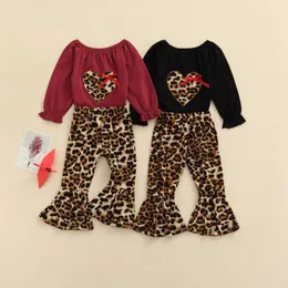 Clothing Sets Autumn 2Pcs Baby Girls Tops Leopard Pants Children's Long Sleeve O-Neck Heart Shirt Ruffle Wide-Leg Oufits