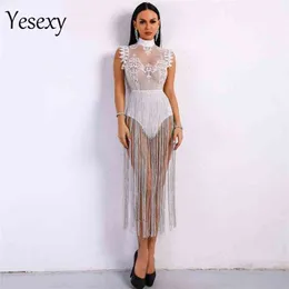 YesExy Sexy Women Tassel Playsuit Overaller High Neck Ärmlös Spets Se genom Glitter Tassel Bodysuit VR8901 210720