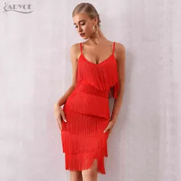 Summer Women Bandage Dress Sexy Scollo a V Nappe Frangia Red Club Vestidos Elegante Midi Celebrity Party 210423