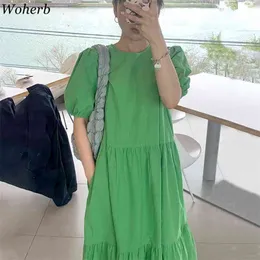 Fashion Elegant Korean Chic Dress Women Solid Puff Sleeve Summer Casual Dresses Vintage Robe Longue Femme Sukienka 210519