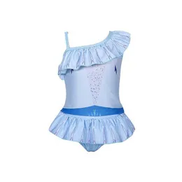 Kids Swimwear for Girls Ruffles Ice Blue Color Off Shoulder Swimsuit Children Summer Clothing 210529