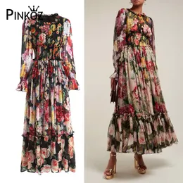 Designer Rose Impresso Hit Color Dress Feminino Bowknot Collar Manga Longa Cintura Alta Vestidos Elegantes Moda Robe 210421