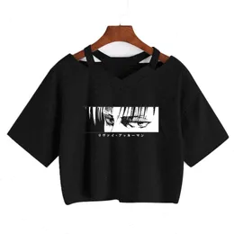 Attack On Titan Womens T-shirt Anime Manga Japanese Cartoon Leviackerman Gothic Harajuku Short Tee Punk Loose V-neck Sexy Crop Tops