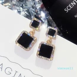 luxury- Black Square Geometric Dangle Drop Earrings for Women Crystal Rhinestone Statement Wedding Earring Party Stud Jewelry