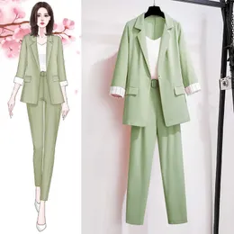 Spring and autumn women's wear green suit coat leisure + trousers jacket elegant office m-4xl 210930