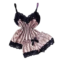 Kadın pijama kadınları seksi iç çamaşırhane bow şort v yaka üstleri kadife pijama babydoll nightdress iç çamaşırı seti fas 758