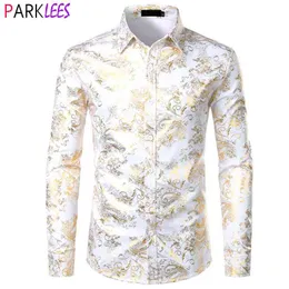 Shiny Paisley impresso vestido de luxo camisas homens manga comprida botão casual para baixo branco do noivo do casamento camisa de jantar masculino Chemise 210522