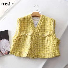 Kobiety Słodka Moda Żółta Plaid Tweed Tassel Frayed Waistcoat Vintage V Neck Bez Rękawów Kobiet Kamizelka Odzieży Weszłowe Topy 211120