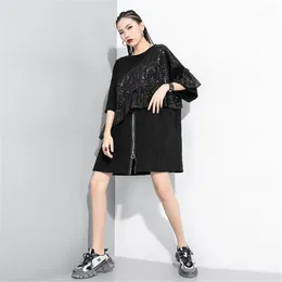 Casual Dresses 2021 Summer Women Sequin Stitching Original Personlighet Design Kvinna Stor Storlek Zipper Black Abiti da Donna1