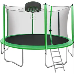 12 stóp Trampolines dla dzieci z obudową bezpieczeństwa netto, obręcz do koszykówki i drabiny, łatwy montaż okrągły rekreacyjny trampolina rekreacyjna USA A42