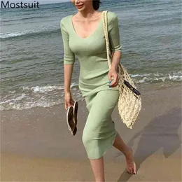 Jesień Koreański Dzianiny Długa Sukienka Kobiety Głębokie V-Neck Połowa Rękaw Wysokie Stretch Slim En Solid Fashion Eleganckie Ladies 210513