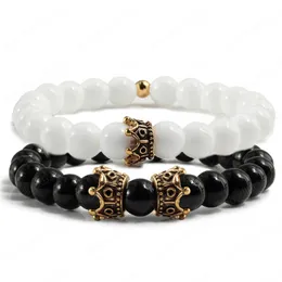 2pcs/set Natural Tiger Eye Stone Couple Bracelets Strands Women Charm Metal Crown Black Beaded Bracelet Bangles for Men