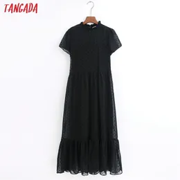 Tangada Moda Kobiety Dots Black Dress Ruffles Collar Krótki Rękaw Damski Elegancka Sukienka Midi Vestidos 6Z38 210623