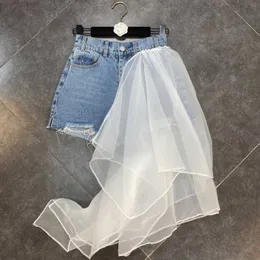 Fabpop 여름 디자인 높은 허리 메쉬 패치 워크 찢어진 구멍 블루 데님 반바지 여성 짧은 청바지 Streetwear GB358 210709