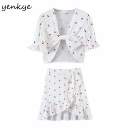 Sweet Cherry Print 2 Piece Set Women Sexy Crop Top + Ruffle Culottes Holiday Sommar Två Skirt Ensemble Femme 210514