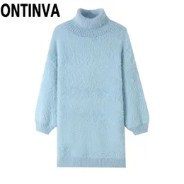 Autumn and Winter Turtleneck Long Sweater Macio Leite Azul Mink Mink Pullover Solta Vermelho Vermelho Branco Quente Jumper Knitwear Vestido 210527