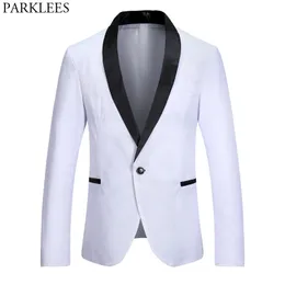 Men's One Button Shawl Collar White Tuxedo Blazer Brand Slim Fit Patchwork Blazer Jacket Male Party Wedding Groomsman Suit 210522