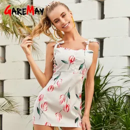 Women's Summer Sundresses Sexy Mini Bodycon Dress Button Bow Print Floral Slim Beach Spaghetti Strap es for Women 210428