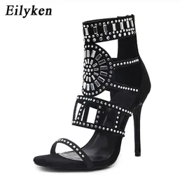 Top Quality Ethnic Open Toe Rhinestone Design High Heel Sandals Crystal Ankle Wrap Diamond Gladiator Women Sandals Black Size 35-42