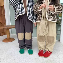 Herbst Winter Koreanische Kinder Kleidung Kinder Plus Kaschmir Casual Hosen Jungen und Mädchen Cord Patch Gewaschene Baumwolle 210625