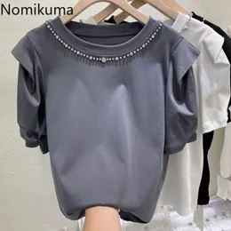 Nomikuma Women Shirts Korean Diamonds O-neck Puff Sleeve Graphic T Shirt Summer New Causal Solid Blusas Mujer De Moda 6H392 210427