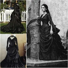 Black 19th Bustle Century Gothic Victorian Wedding Dresses Birdal Gowns Vampire Draped Pleats Ball Masquerade Halloween Steampunk Bridal Dress Custom Made