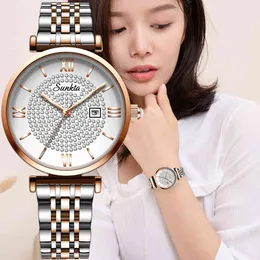 Sunkta 다이아몬드 표면 시계 여성 럭셔리 브랜드 숙녀 로즈 골드 시계 간단한 우아한 쿼츠 Movt 방수 여성 시계 210517