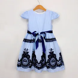 Yaz Bebek Kız Kısa Kollu Şerit Nakış Elbiseler Çocuklar Kız Prenses Giyim Rahat Moda 210521