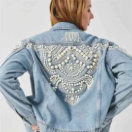 Boho inspirerad pärla utsmyckad denimjacka Kvinnor bomull Winte Coat Bomber Jacka Vintage Pearl Outwear 210922