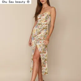 Lato damskie Vintage Floral Print Folds Nieregularne Camisole Długa Sukienka Split Ends Sexy Female Fashion 210508