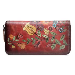 Flying Bird Women Genuine Leather Purse Long Flower Clutch Zipper Handy Wristlet Bag Phone Wallets