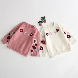Pattern Girl Autumn And Winter Handmade Embroidered Crochet Knitted Round Collar Sweater Baby Jacket 210429