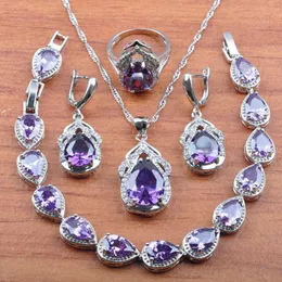 Bruiloft sieraden natuurlijke paars kristallen kleur sieraden set vrouwen oorbellen ketting hanger ringen armband JS0306 H1022