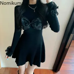 Nomikuma Knitted Elegant Slim Waist Women Dress Korean Sweet Bowknot Long Sleeve O-neck Vestidos A-line Sweater Dreses 6E198 210427