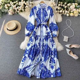 Style Spring And Summer Retro Printing Stand Slim Long A-Line Lantern Sleeve Mid-Calf Dresses for Women 210615