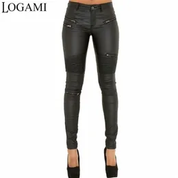 Logami Faux Leather Spodnie Kobiety Elastyczne Spodnie Zipper Leren Broeken 211115