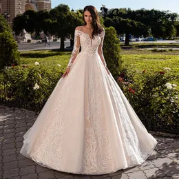 Unique Lace Wedding Dresses Plunging Neck Off Shoulder Bridal Gowns A Line With Long Sleeves Sweep Train Tulle Plus Size Vestido De Novia 407