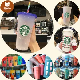 Stock Starbucks 24oz/710ml Plastic Mugs Tumbler Mermaid Goddess Color Change Reusable Clear Drinking Flat Bottom Pillar Shape Lid Straw Cups mug 53gg