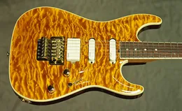 Pensa Mark Knopfler MK-I Amber Quilted Maple Top Electric Guitar White Pickups, Floyd Rose Tremolo bridge & locking nut, Gold Hardware