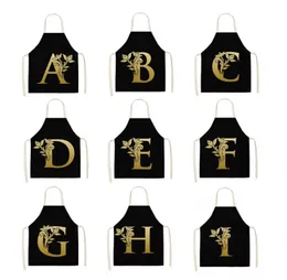 Gold Letter Alphabet Pattern Kitchen Apron For Woman Sleeveless Cotton Linen Aprons Cooking Home Cleaning Tools 53*65cm