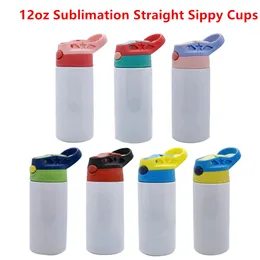 12oz Straight Sippy Cup Sublimation Blank Children Kids Water Bottle Tumbler Double Wall Stainless Steel Vacuum Insulated Drinking Mugs With Handle Lids 7Colors