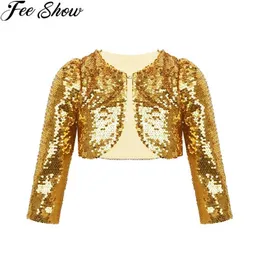 FEESHOW Kids Girls Baby Jacket Coat Sparkly Sequins Cropped Blazer Bolero Shrug Cardigan Top Clothes Stage Performance Costumes 211204