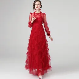 Women's Runway Dresses O Neck Long Sleeves Ruffles Elegant Fashion Tiered Party Prom Gown